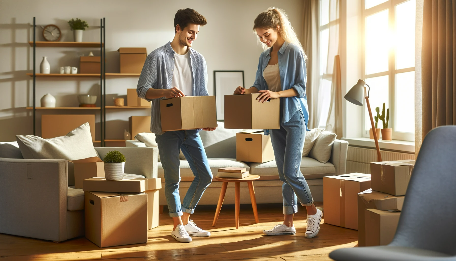 DALL·E 2023-12-13 14.38.32 - A young couple unpacking boxes in a bright, spacious living room. They are casually dressed, conveying a sense of a new beginning. The room is filled