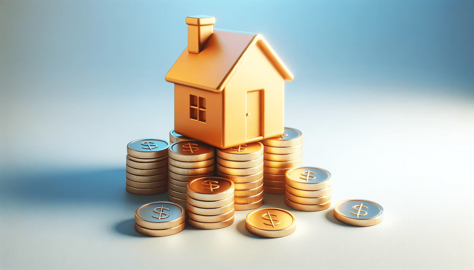 DALL·E 2023-12-13 15.08.50 - Create an image of a simple, stylized orange house sitting atop a stack of golden coins. The coins are arranged in a way that resembles steps leading