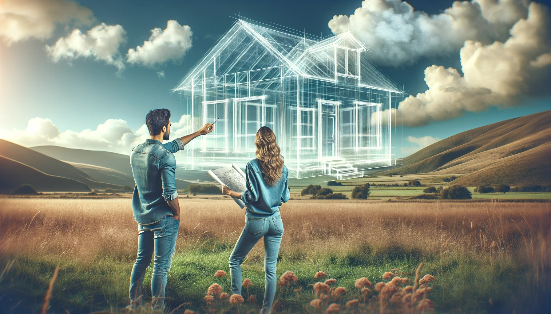 DALL·E 2023-12-13 15.15.00 - Create an image of two people, a man and a woman, standing in a field looking towards a digitally superimposed, transparent outline of a house structu