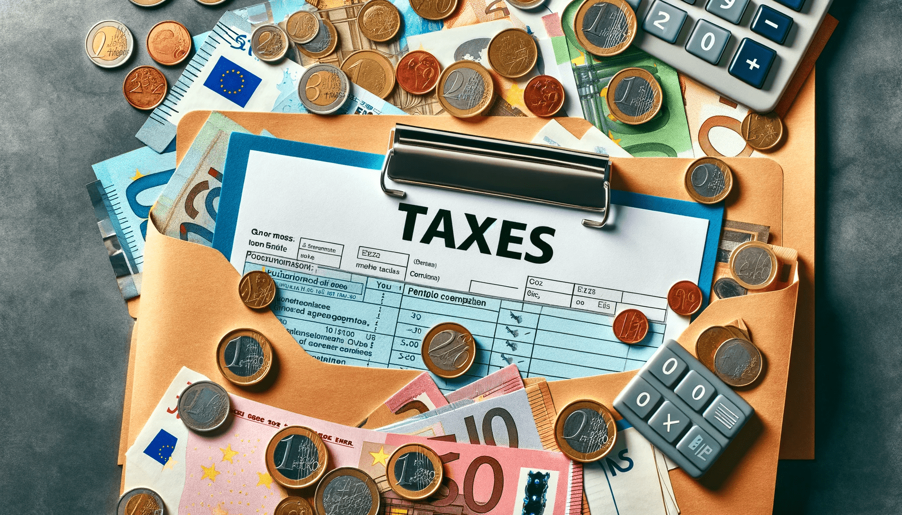 DALL·E 2023-12-13 15.23.38 - Create an image showing a close-up of a folder labeled 'Taxes' in English, with a variety of Euro banknotes and coins scattered around it. Below the f