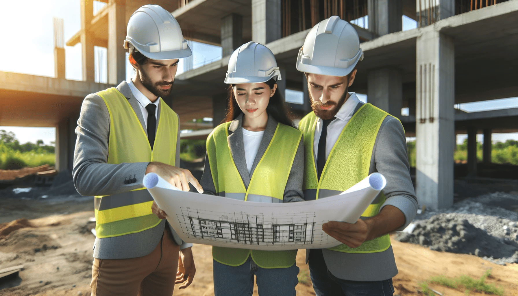 DALL·E 2023-12-13 15.26.57 - Create an image of three construction workers, one woman and two men, examining a blueprint at a construction site. They are wearing safety helmets an