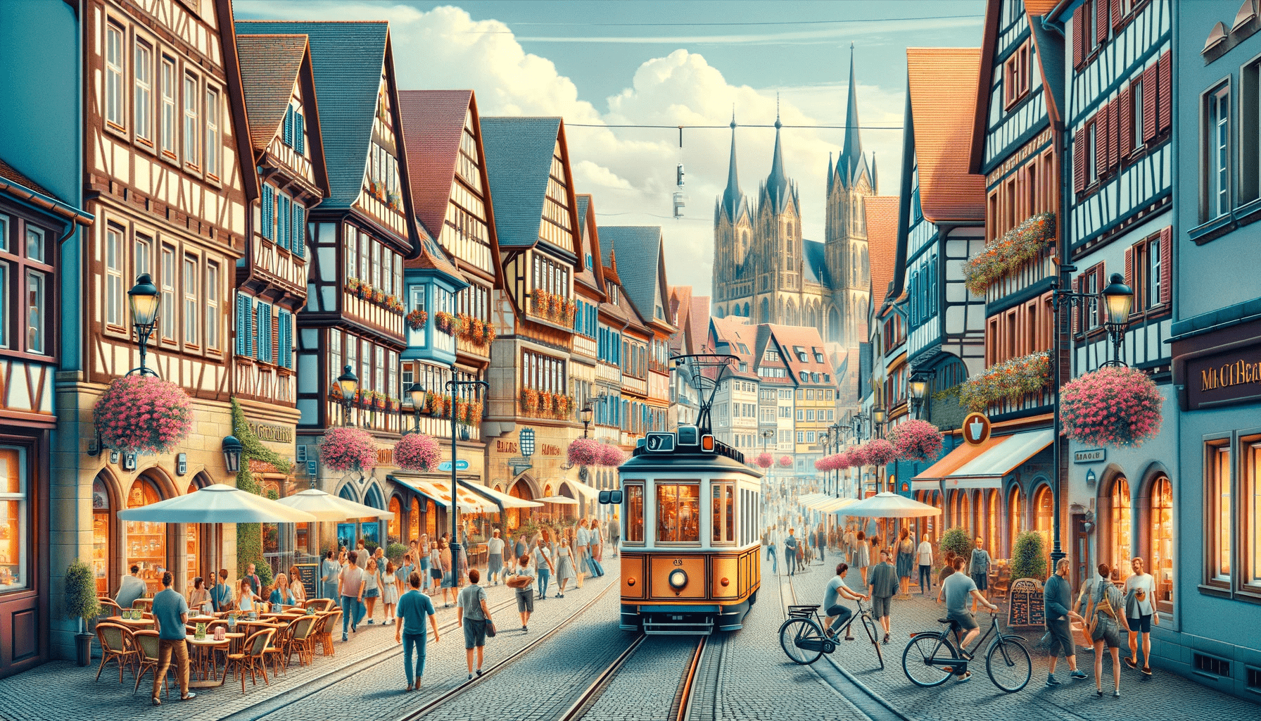 DALL·E 2023-12-13 15.32.35 - Create an image of a vibrant street in a German city. The scene includes traditional German architecture with timber-framed buildings and a cobbled st