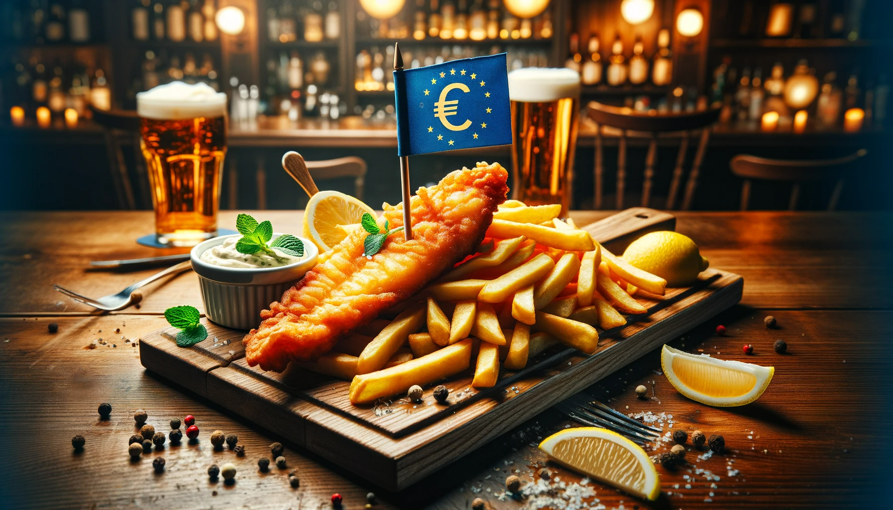 DALL·E 2023-12-18 13.38.45 - A high-quality image of a classic fish and chips dish, presented on a wooden board with a small flag that has the Euro currency symbol (€). The fried