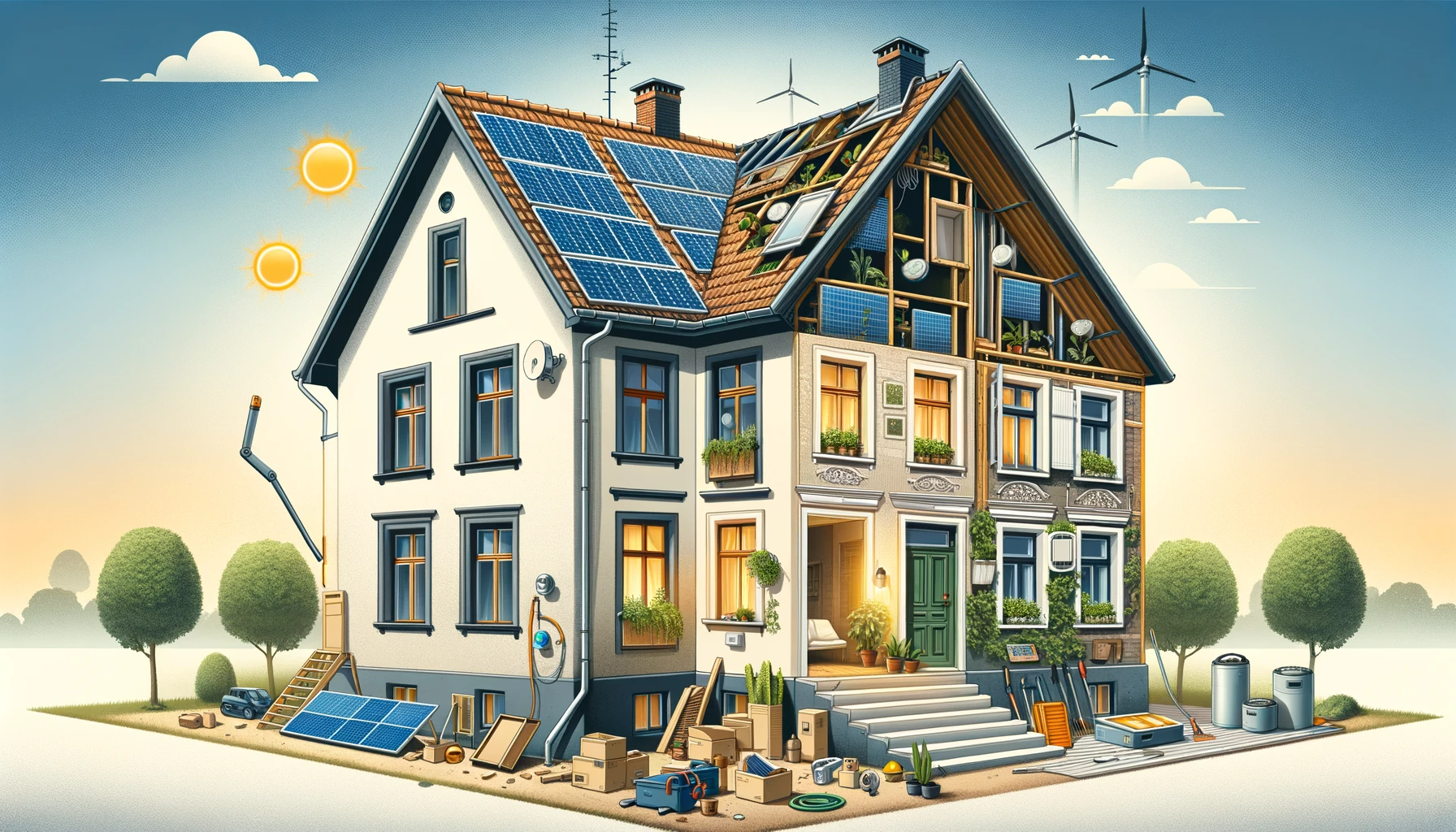 DALL·E 2024-01-19 13.15.53 - A wide illustration representing the concept of renovating an old house in Germany for energy efficiency. The image should depict a classic German hou