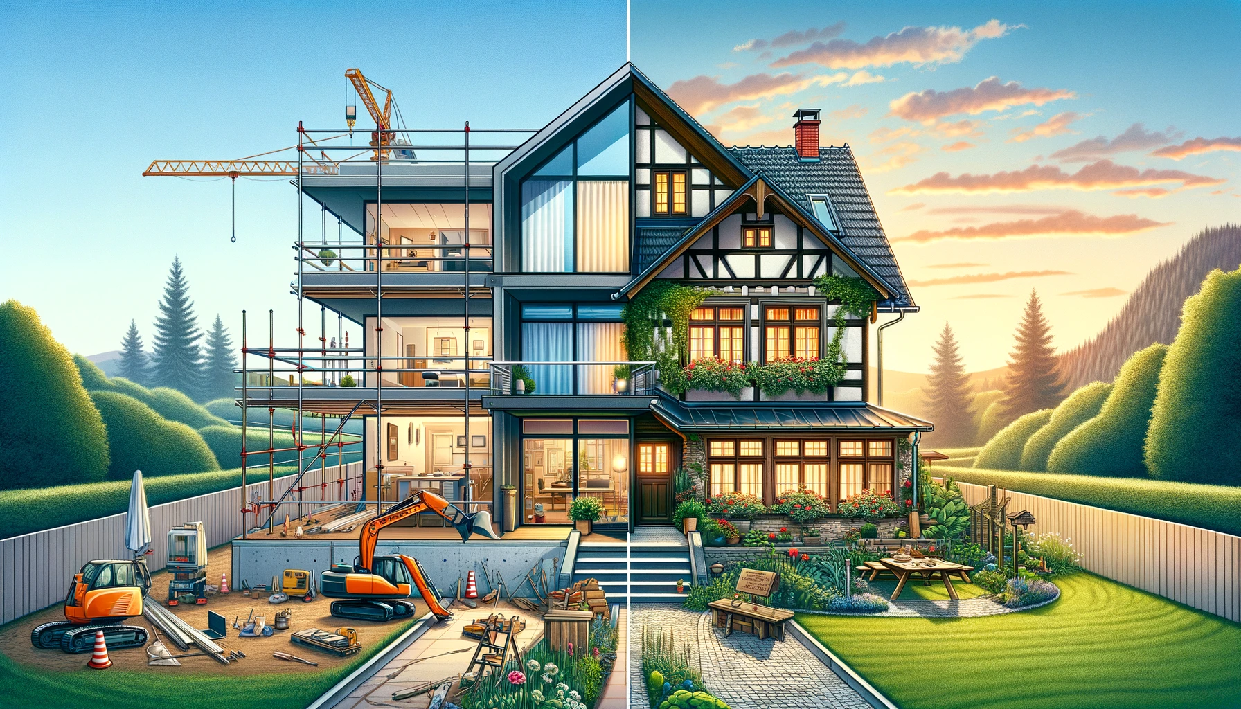 DALL·E 2024-03-30 10.42.16 - Create a wide landscape-oriented image that vividly contrasts a modern German-style new construction home against an older traditional German hou