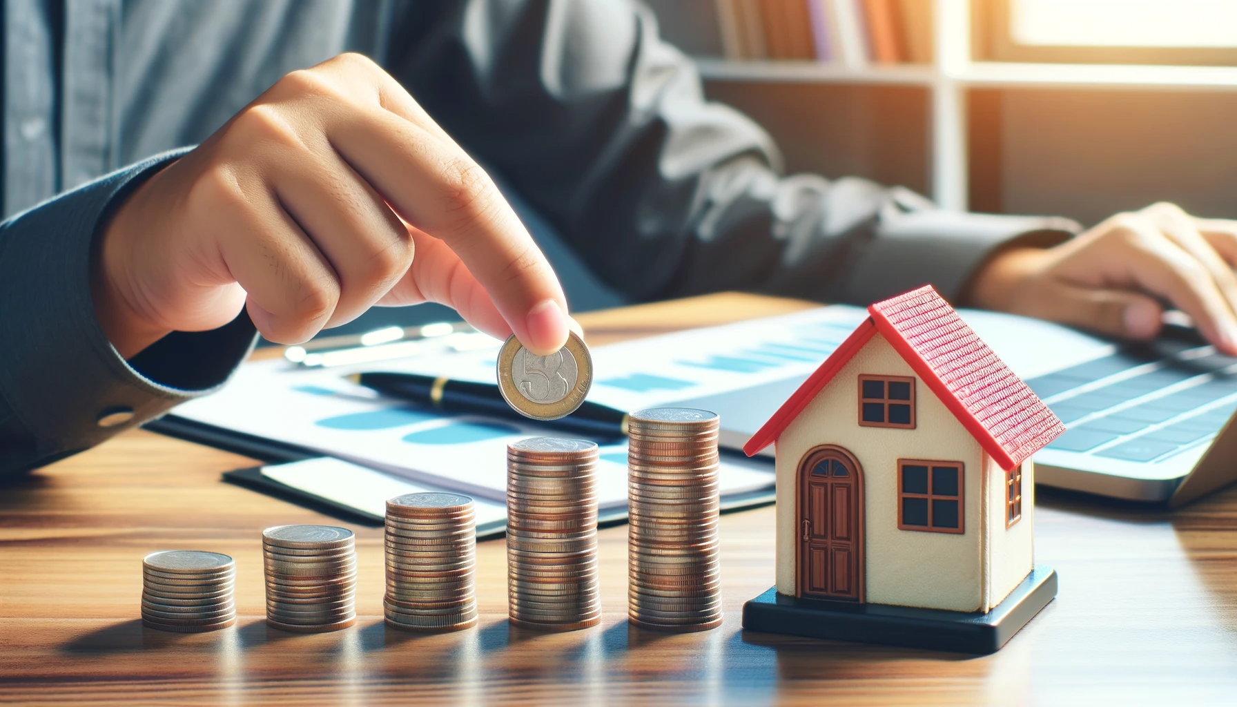DALL·E 2024-01-11 22.14.05 - Create an image showing a hand placing a coin on top of a stack with other coin stacks in descending order, next to a small model house with a red roo