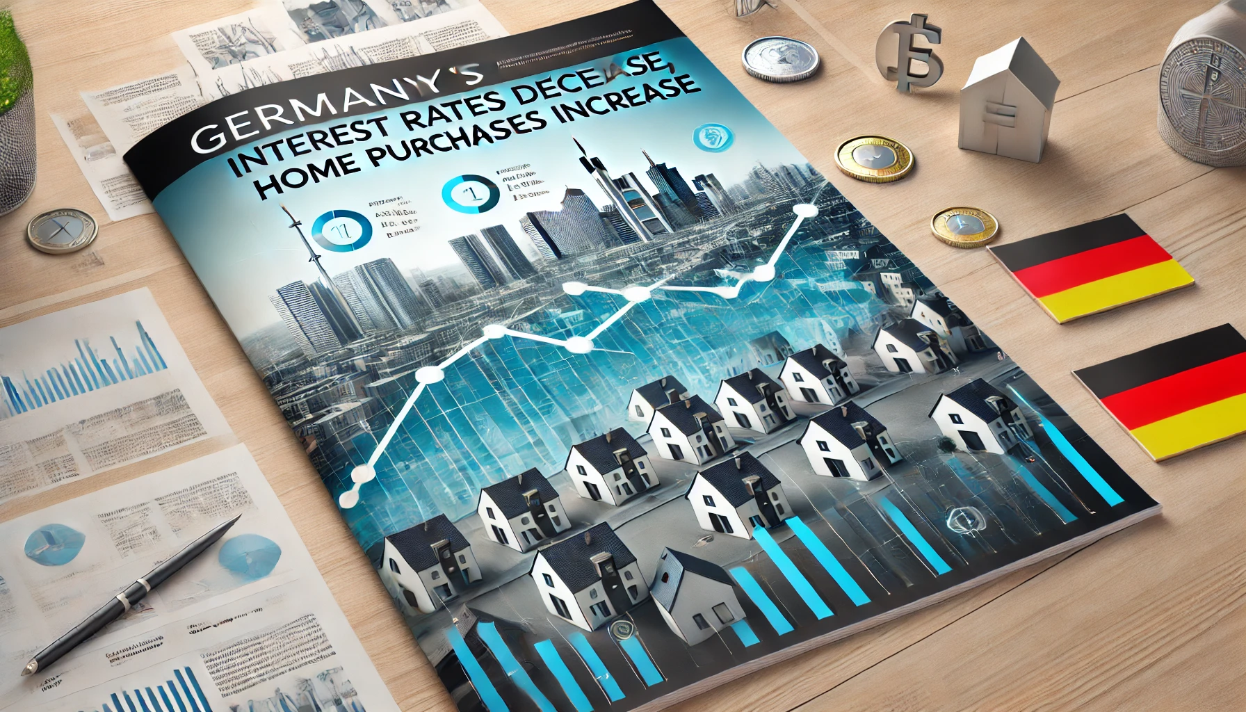 DALL·E 2024-07-27 11.34.06 - A cover image illustrating the headline 'Germany's Interest Rates Decrease, Home Purchases Increase'. The background features a modern German cityscap