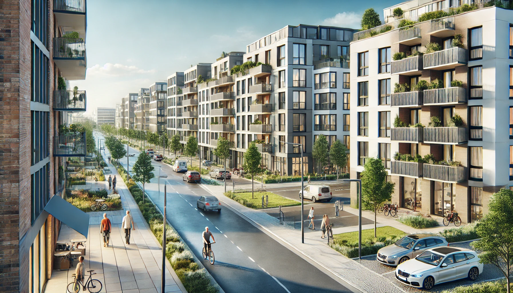 DALL·E 2024-08-20 19.31.56 - A modern urban neighborhood in Germany with a mix of apartment buildings and single-family homes. The scene should depict a sunny day with clear skies