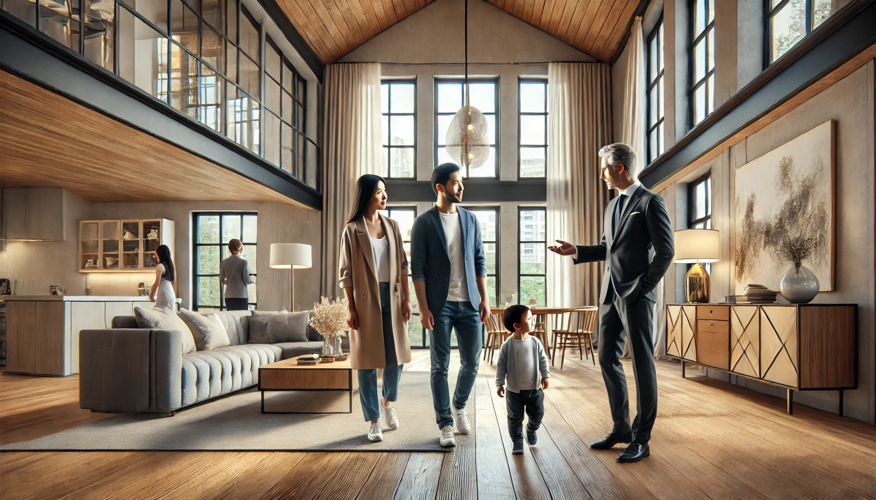 DALL·E 2024-10-18 14.29.03 - A wide scene depicting a European real estate agent showing an Asian family a property. The family, consisting of parents and a young child, is