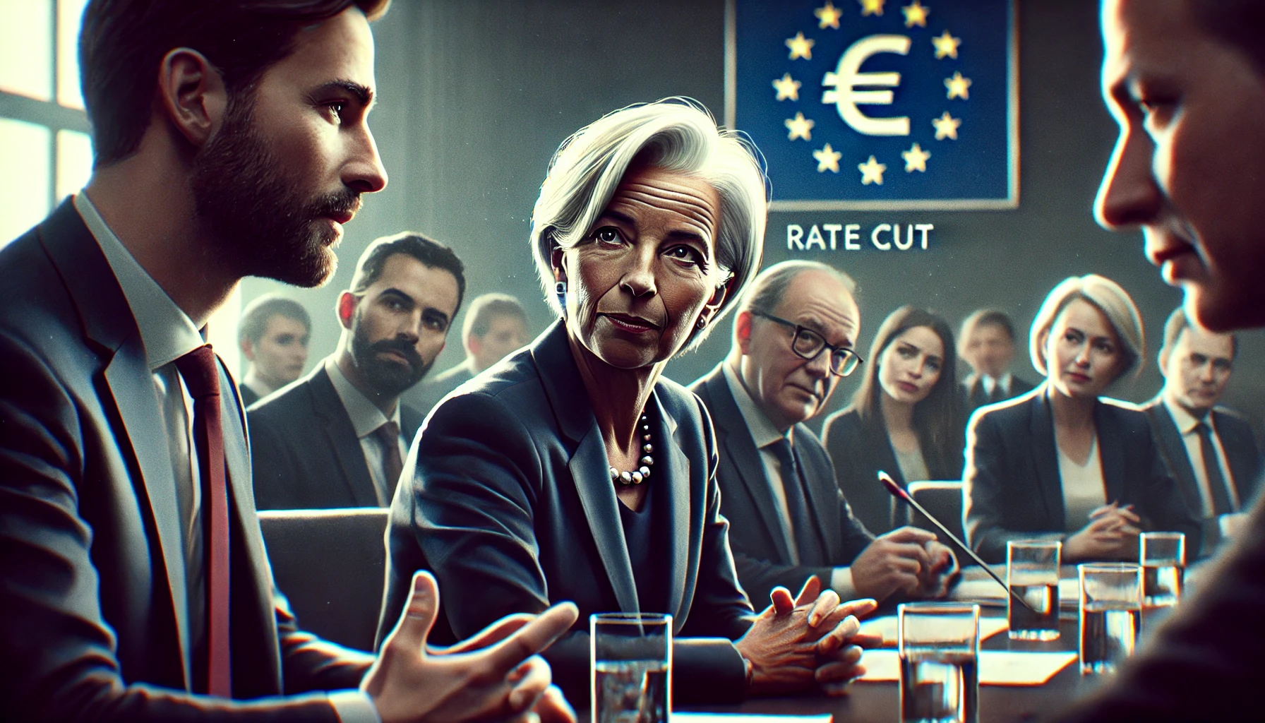 DALL·E 2024-10-18 14.37.10 - A scene showing one or two European Central Bank officials discussing a rate cut decision, focusing on their facial expressions. The setting is a prof
