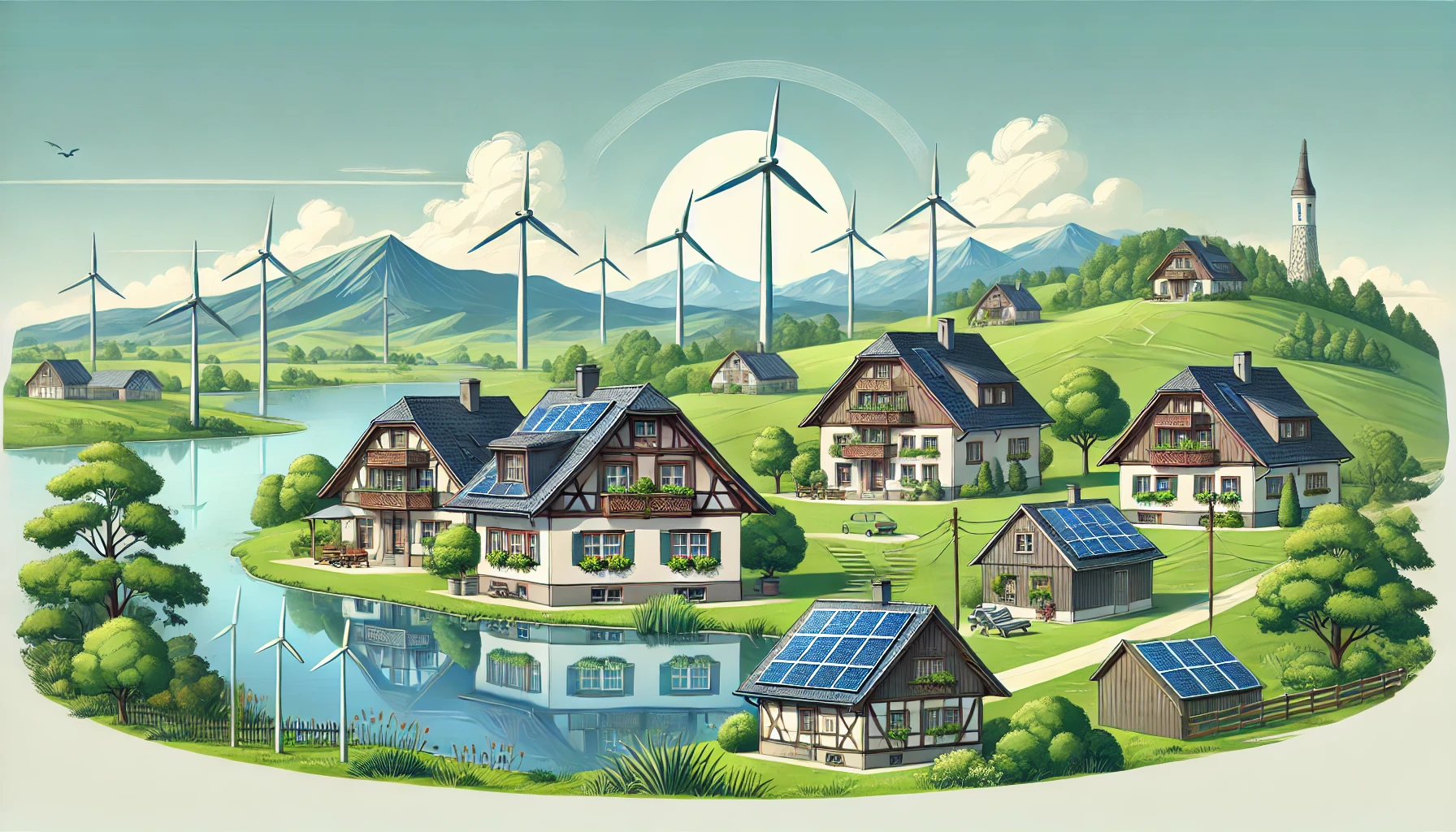 DALL·E 2025-01-11 10.26.20 - A horizontal landscape illustration of a serene natural scene featuring German-style small houses with pitched roofs and timber framing. The scene inc