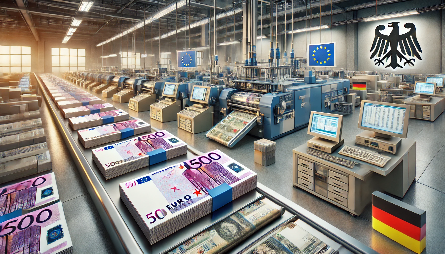 DALL·E 2025-03-21 15.08.39 - A realistic illustration of the German government printing money, featuring Euro banknotes being produced in a high-tech printing facility.