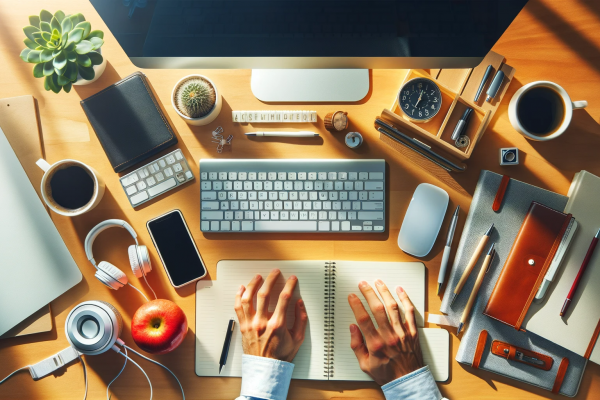DALL·E 2024-01-12 10.24.43 - Create a brightly lit image of a top-down view of a modern workspace. The desk should include a computer monitor, a chic keyboard with a mix of white